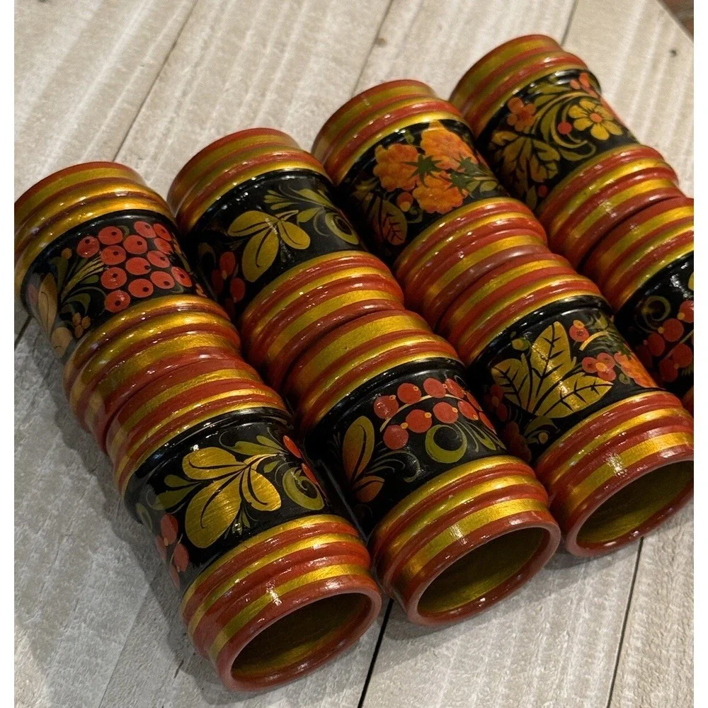 Vtg 8 Wood Napkin Rings Hand Painted Floral Blue Colorful Boho‎ Tiki
